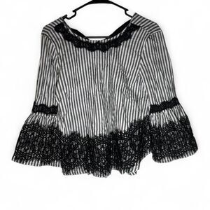 NWT Star Style Black White Striped Blouse Small Lace Bell Sleeve